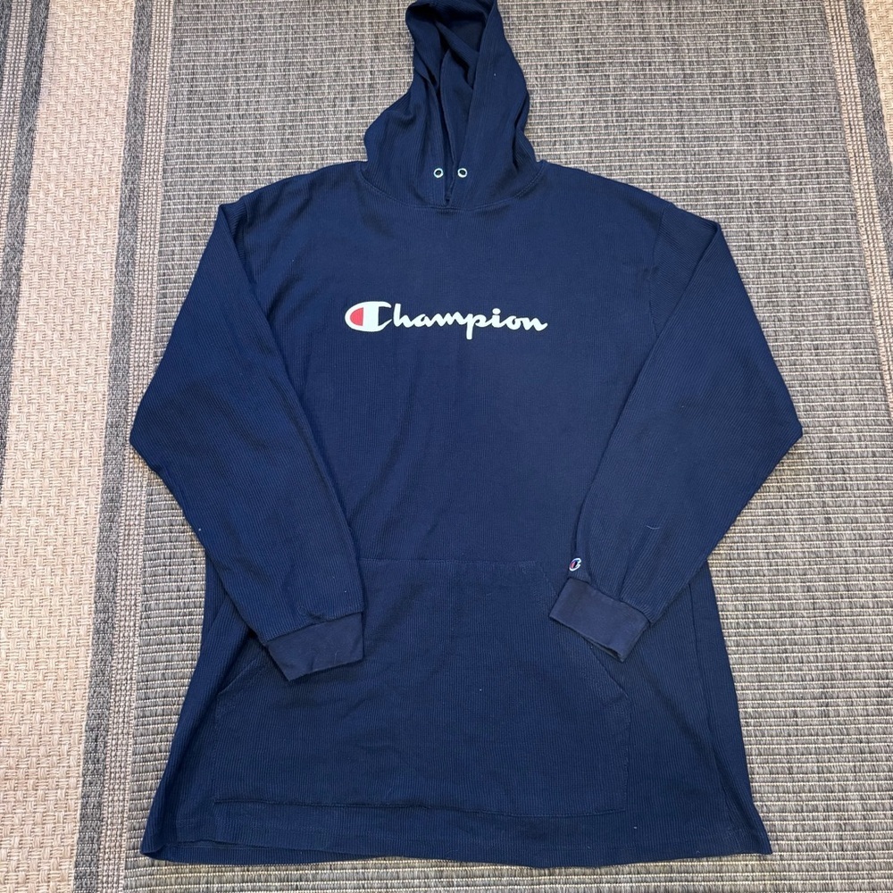 Champion Navy Waffle Knit Pullover Hoodie with White Script and Red Accent